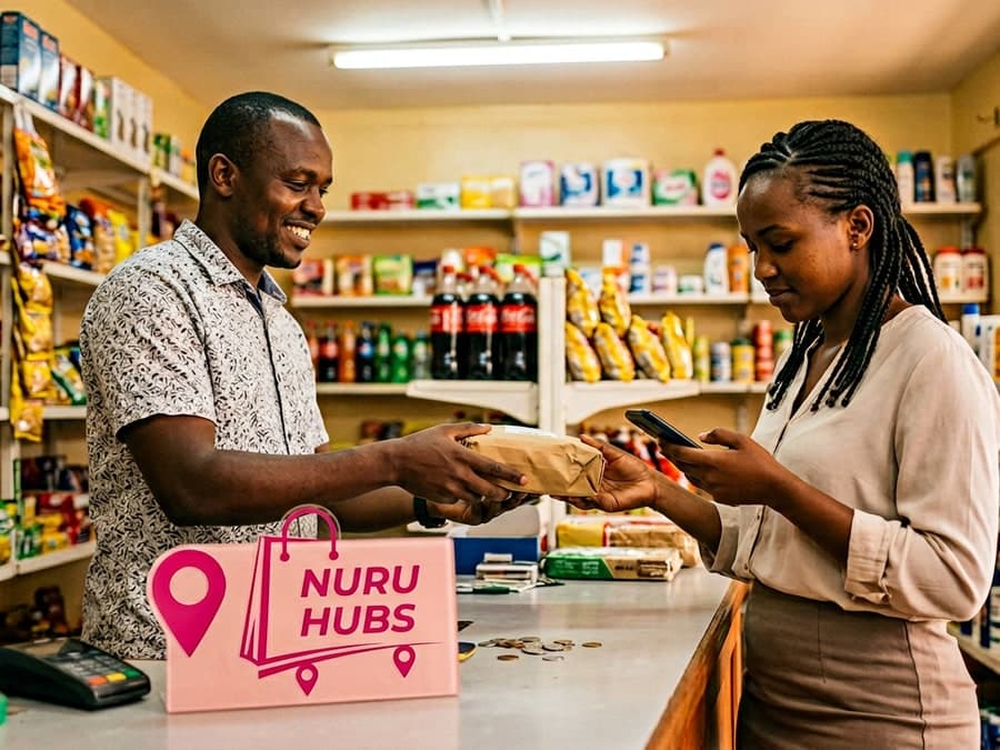 Local shopkeeper handing a parcel to a customer