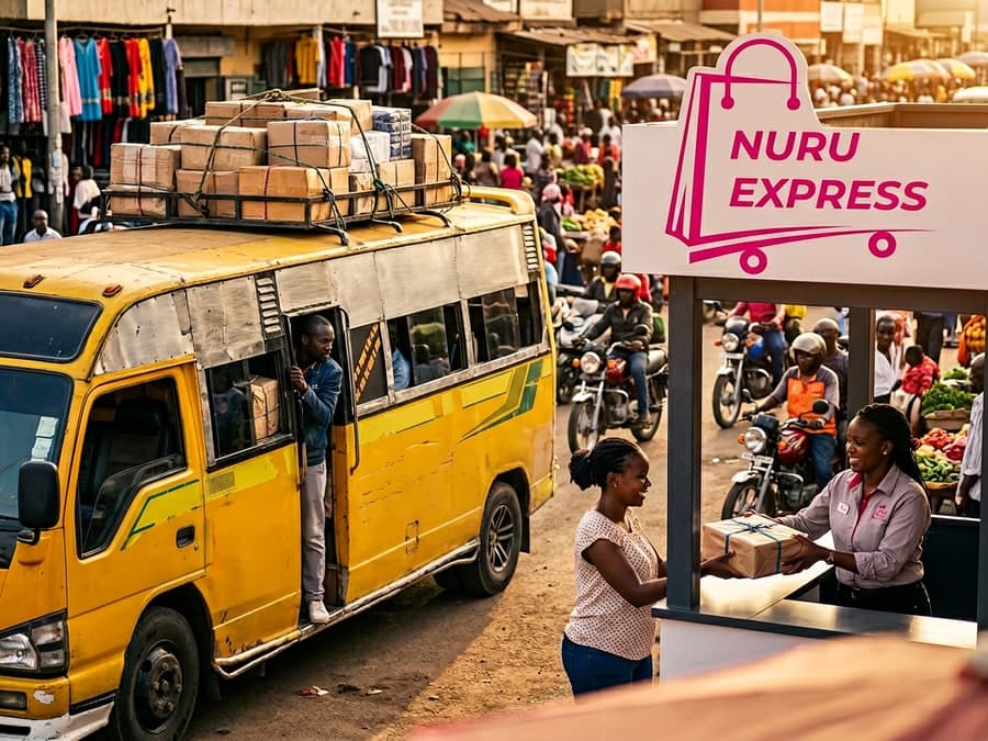 A matatu loaded with parcels at a Nairobi bus stage